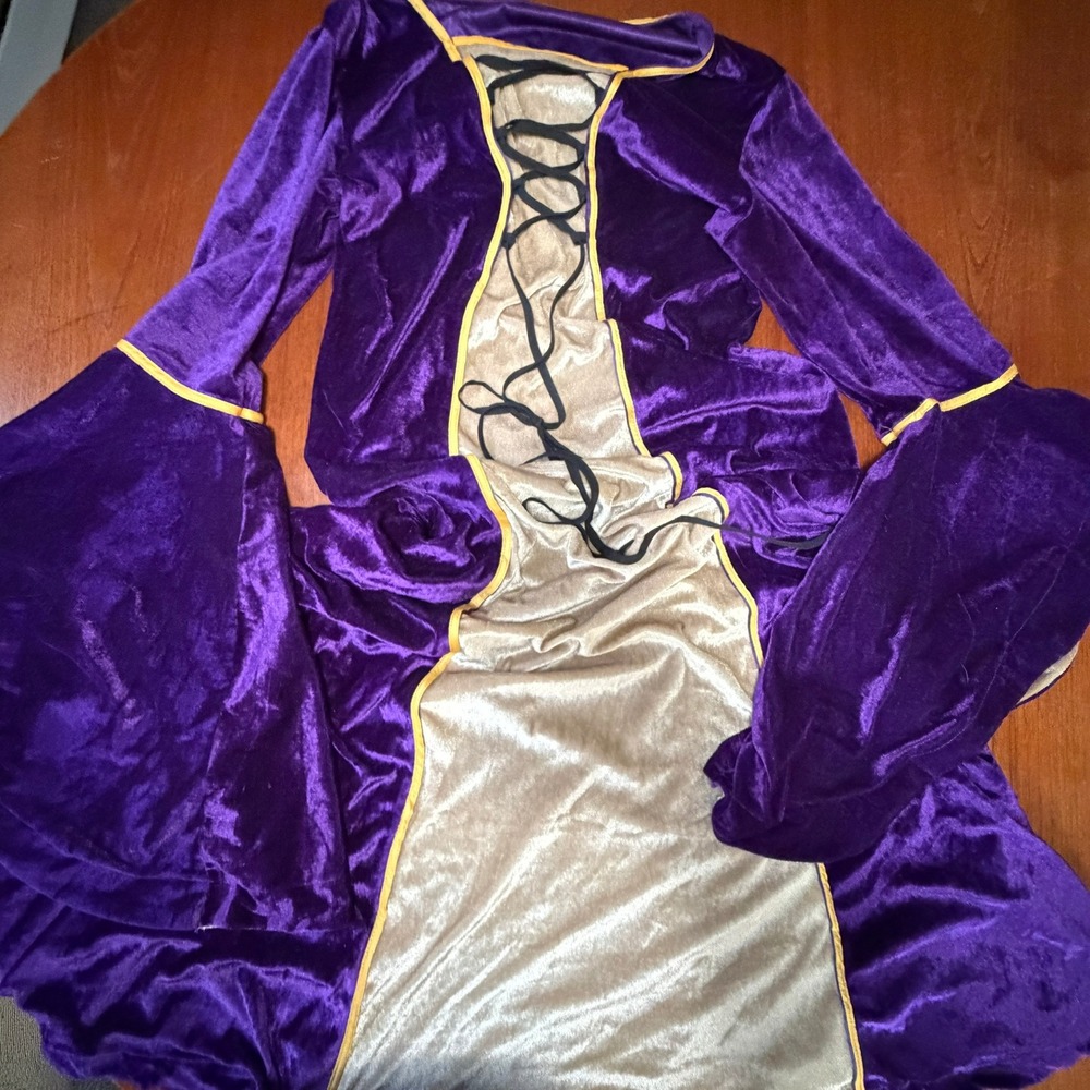 Purple Velvet Renaissance Medieval Gown Bell Sleeve Lace Up Dress Costume Witchy